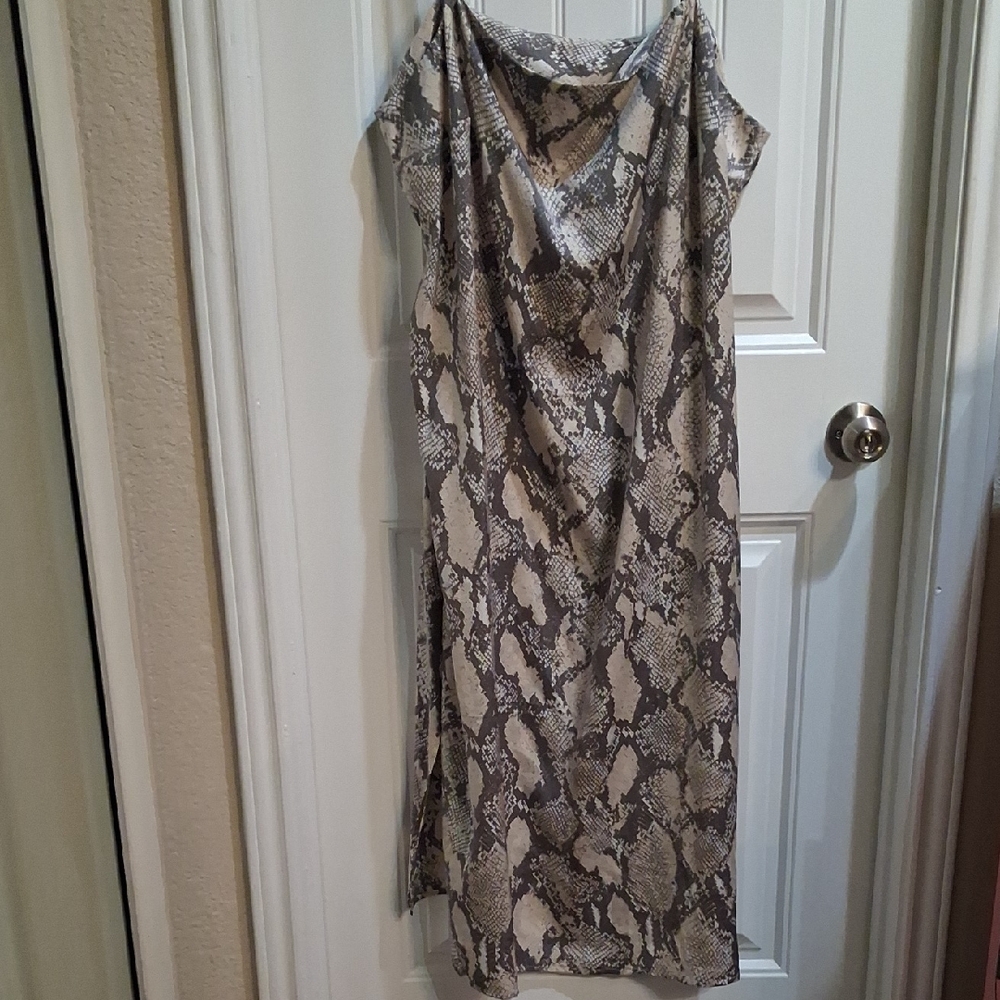 H&M Snake-Print Midi Slip Dress in Beige and Gray